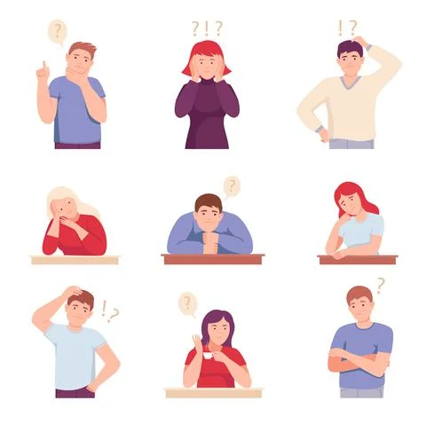 People Characters Thinking or Making Decision Vector Illustration Set Stock Illustration