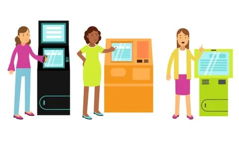 People Characters Using Electronic Self Service Terminals and ATM Machine Vector Stock Illustration