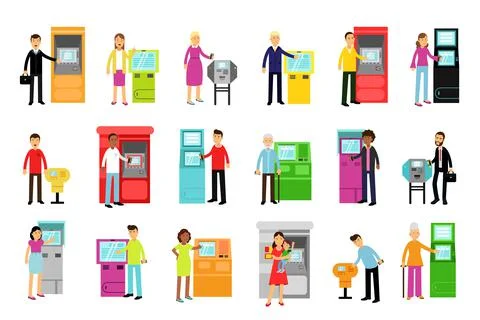 People Characters Using Electronic Self Service Terminals and ATM Machine Vector Stock Illustration