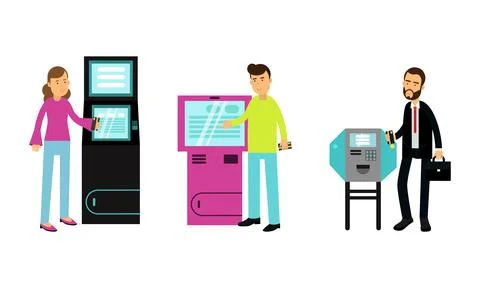 People Characters Using Electronic Self Service Terminals and ATM Machine Vector Stock Illustration