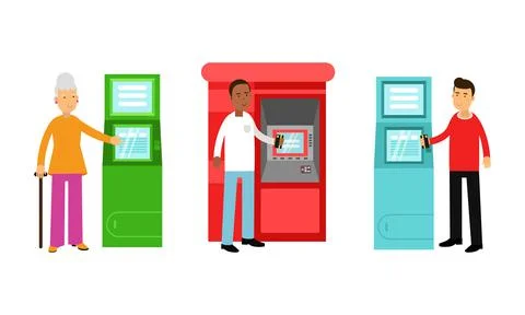 People Characters Using Electronic Self Service Terminals and ATM Machine Vector Stock Illustration
