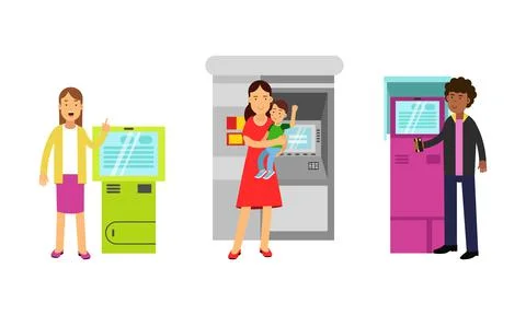 People Characters Using Electronic Self Service Terminals and ATM Machine Vector Stock Illustration