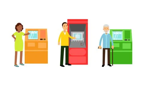 People Characters Using Electronic Self Service Terminals and ATM Machine Vector Stock Illustration