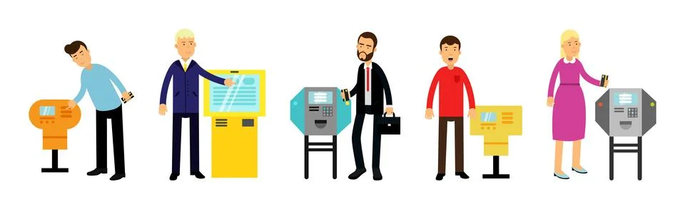 People Characters Using Electronic Self Service Terminals and ATM Machine Vector Stock Illustration