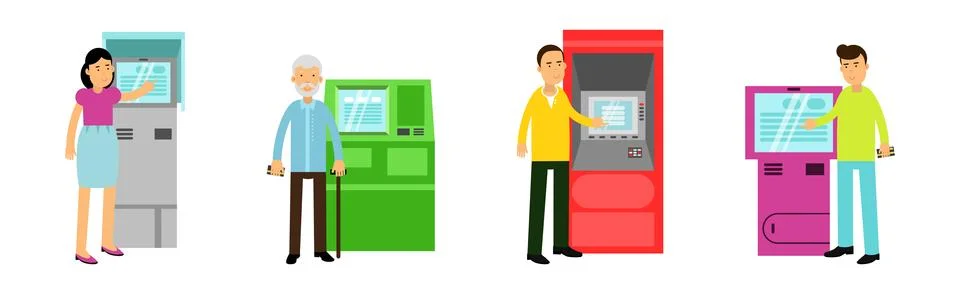 People Characters Using Electronic Self Service Terminals and ATM Machine Vector Stock Illustration