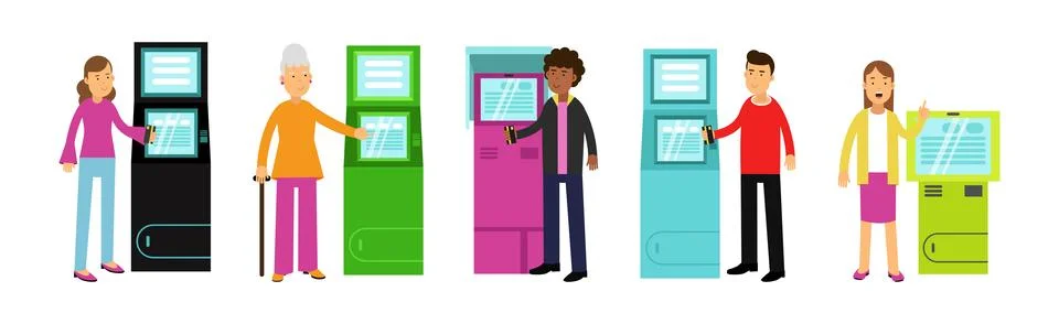 People Characters Using Electronic Self Service Terminals and ATM Machine Vector Stock Illustration