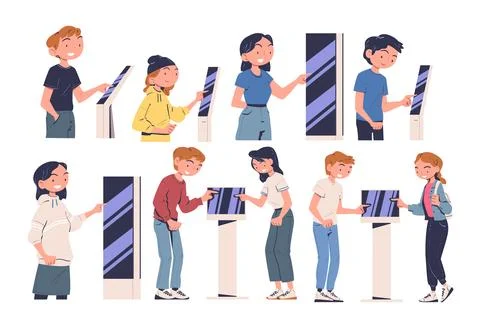 People Characters Using Information Board with Interactive Interface Vector Set Stock Illustration