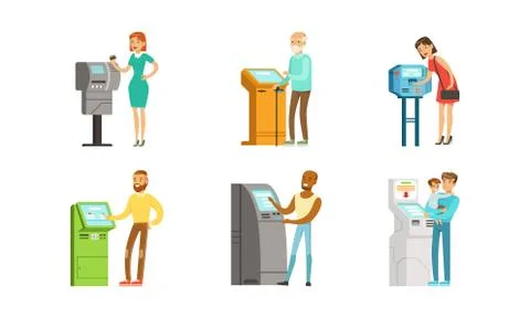 People Characters Using Payment Terminal Vector Illustrations Set Illustrazione stock