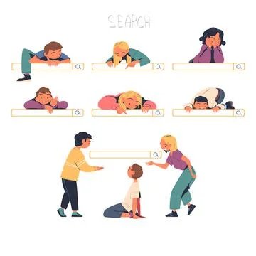 People Characters Using Search Bar Looking For Information Online Vector Set Illustrazione stock