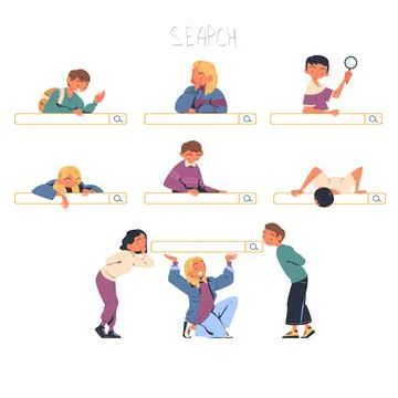 People Characters Using Search Bar Looking For Information Online Vector Set Illustrazione stock