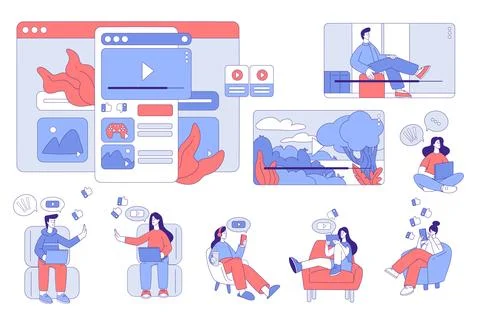 People Characters Using Social Media with Mobile Gadget Vector Set Illustrazione stock