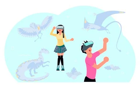 People characters in virtual reality use in learning, future of education. Ma Stock Illustration