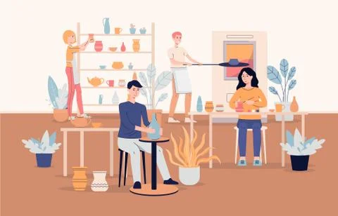 People characters work at ceramic workshop background flat vector illustration. Stock Illustration