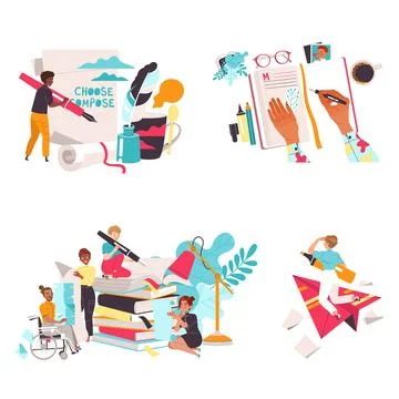 People Characters Working with Text with Paper, Notepad and Books Stack Vector Illustrazione stock