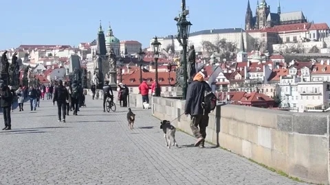 People on the Charles Bridge with view on the Vltava River in th Stock Footage 150511835