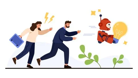 People Chasing Robot With Stolen Idea Lightbulb Stock Illustration