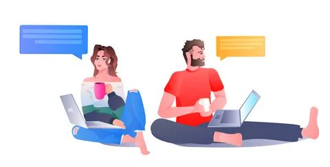 People chatting in computer app on laptops chat bubble communication concept Illustrazione stock
