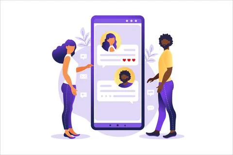 People chatting in the smartphone screen, virtual relationship vector illustr Stock Illustration