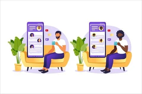 People chatting in the smartphone screen, virtual relationship vector illus.. Stock Illustration