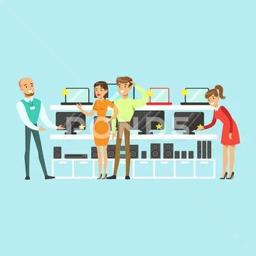 People choosing computer equipment with shop assistant help in appliance store Stock Illustration