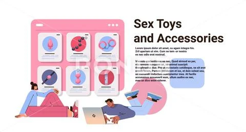 People choosing sex toys and accessories in online sex shop erotic game with Stock Illustration