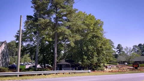People at a church pumpkin patch passing traffic clear blue sky Stock Footage 229891958