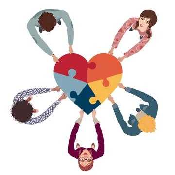 People in circle top view volunteers holding a heart with puzzle pieces Stock Illustration