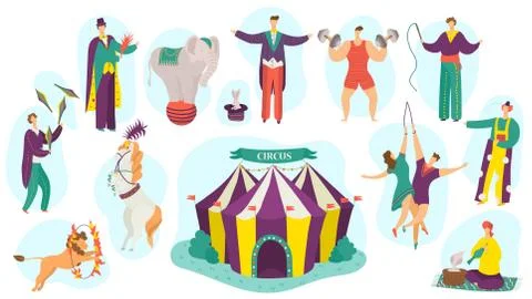 People in circus performance vector illustration set, cartoon flat fun active Stock Illustration