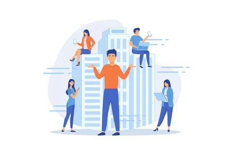 People in the city overusing mobile devices and a man feeling alone. Smartp.. Stock-Illustration