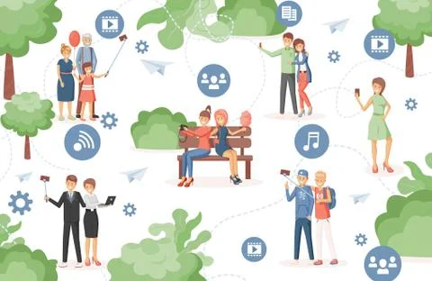 People in city park using wireless internet technology to sharing files to each Stock Illustration
