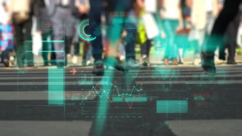 People on city street with technological data background. Business, analytics Stock Footage 242989334