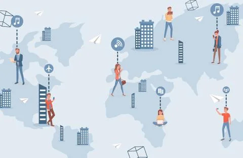 People in the city using wireless internet technology in smartphones vector flat Stock Illustration