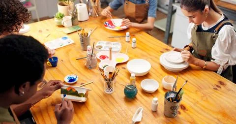 People, class or ceramic in workshop for painting, learning technique or project Stock Photos