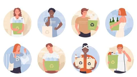 People clean environment from garbage, hold trash containers in round avatar set Stockillustratie