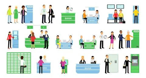 People Clients Visiting Bank Using ATM and Staff Serving Customers Vector Stock Illustration