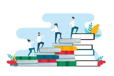 People climbing stacked books in a learning and education scene Stock Illustration