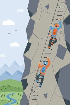 People Climbing A Steep Mountain Stock Illustration