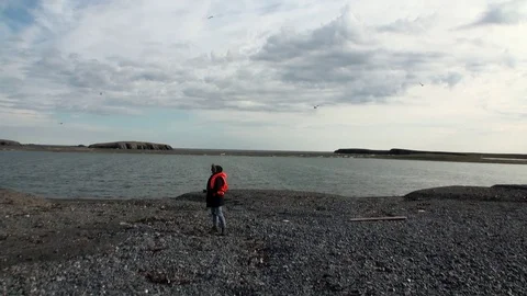 People on coast and water surface of Arctic Ocean on New Earth Vaigach Island. Stock Footage
