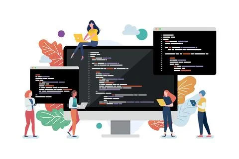 People with coding on computer screen. Concept of computer programming or d.. Stock Illustration