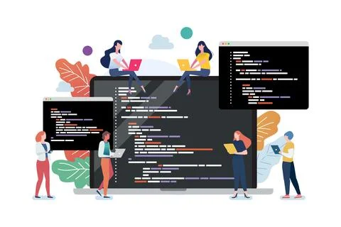 People with coding on laptop screen. Concept of computer programming or dev.. Stock Illustration