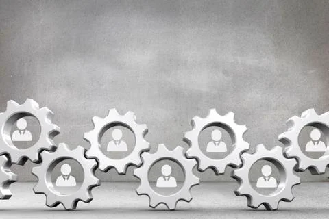 People in cogs graphics against grey background Stock Illustration