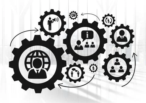 People in cogs graphics against office background Stock Illustration