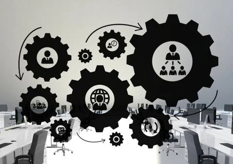 People in cogs graphics against office background Stock Illustration