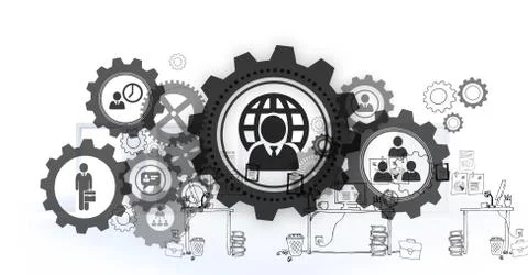 People in cogs graphics against office background Stock Illustration