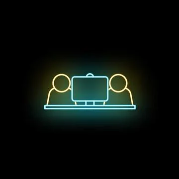 People collaborating on a computer in neon line art 스톡 일러스트