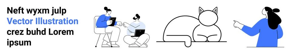 People Collaborating on Digital Devices with a Cat and a Person Pointing Stock Illustration
