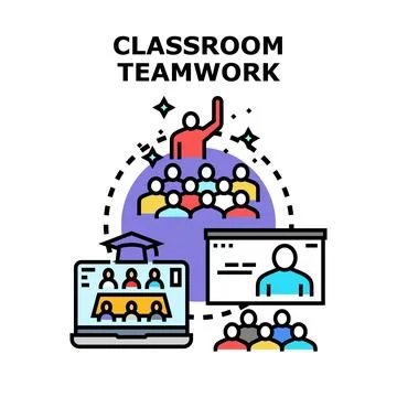 People collaborating during innovative classroom teamwork and online educatio Stock Illustration