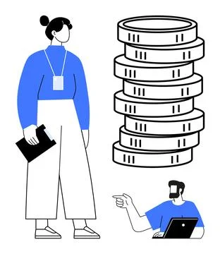 People Collaborating on Finance Project with Large Stack of Coins Represent.. Stock Illustration