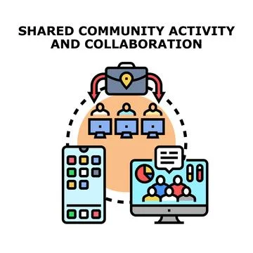 People collaborating on shared community activities using technology Illustrazione stock