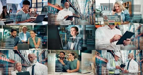 People, collage and graphs with tech for logistics, phone call and trading .. Stock Photos
